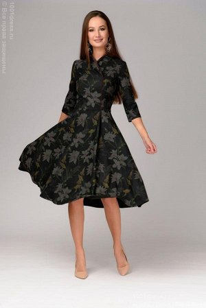 Платье черное с цветочным принтом и воротником-стойкой