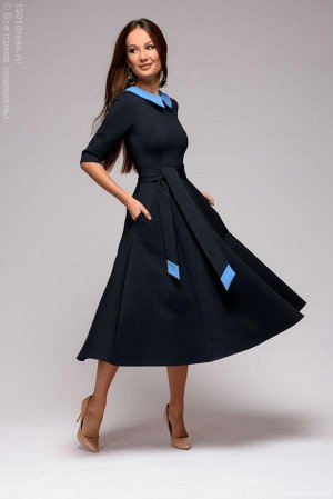 Платье темно-синее длины миди с отложным воротничком