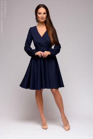 Платье темно-синее длины мини с длинными рукавами и пышной юбкой