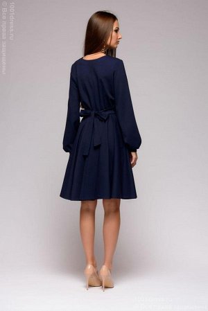 Платье темно-синее длины мини с длинными рукавами и пышной юбкой