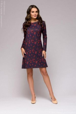 Платье темно-фиолетовое длины мини с цветочным принтом и длинными рукавами