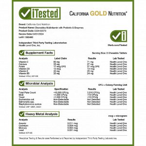 California Gold Nutrition, Жевательные мультивитамины с пробиотиками, ферментами, витаминами A и C для детей, фруктовое ассорти, 120 вегетарианских таблеток