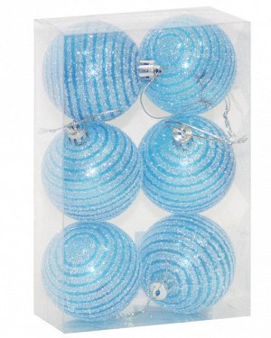 Набор елочных пластиковых шаров, цвет- ГОЛУБОЙ с полосками из блесток,               d=5,5 см., 6 шт в ПВХ-упаковке. NEW