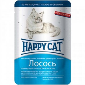 Happy Cat пауч 100гр д/кош Ломтики Лосось Соус