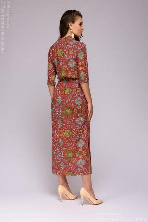 Платье бордовое длины макси с цветочным принтом и разрезами по бокам
