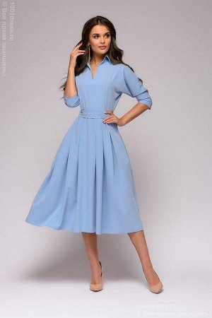 Платье голубое длины миди с отложным воротником и рукавами "летучая мышь"