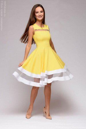 Платье ярко-желтое без рукавов с белой отделкой