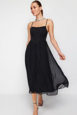 Черное элегантное вечернее платье из тюля с открытой талией/корсетной подкладкой и деталью из тюля