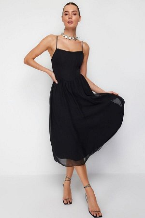 Черное элегантное вечернее платье из тюля с открытой талией/корсетной подкладкой и деталью из тюля