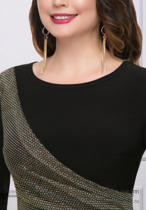 Платье Трикотаж масло с сеткой (95% п/э, 5% эластан)Ваше стильное черное платье! Сеточка в золотом оттенке украшает фигурку, благодаря чему силуэт смотрится восхитительно. Кроме того, сеточка прикрыва