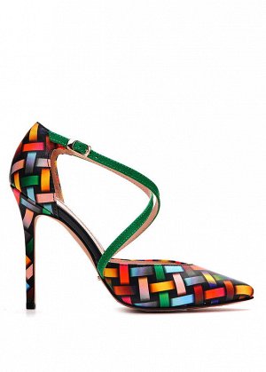 Туфли Кожа с цветным геометрическим принтом, кожа ярко-зеленая, кожа черная. Высота каблука 10см