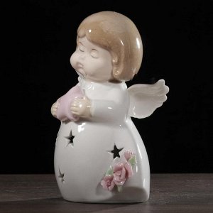 Сувенир керамика световой "Ангелочек в белом платьице с розами с звёздочкой" 17,5х10х7 см