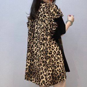 Классный котюм(свободная туника с оборками + шорты) с леопардовым принтом и аппликацией из страз, черный/коричневый
