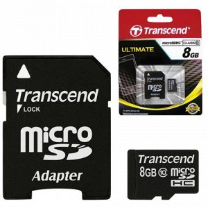 Карта памяти microSDHC 8GB TRANSCEND, 10 Мб/сек (class 10),