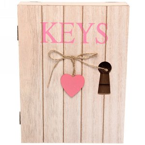 Ключница 24*18*5см "Keys" с розовым сердечком, 6 крючков, деревянная