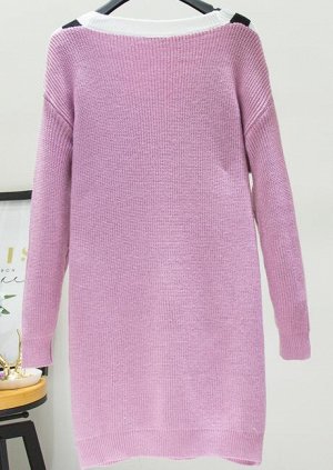Платье вязаное розовое с V образным вырезом