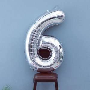 Шар фольгированный 40", цифра 6, цвет серебряный