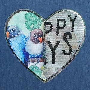 Пришивная аппликация с пайетками "Попугаи/happy days", двусторонняя, в форме сердца, 21 х 20см