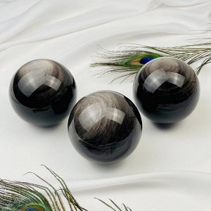 Шар декоративный резной из камня Обсидиан серебристый