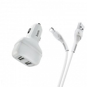 Автомобильное зарядное устройство Hoco Z36, 2 USB - 2.4 А, кабель Lightning 1 м, белый