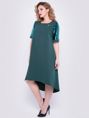 Платье Нарядное платье силуэта "трапеция" насыщенного зеленого цвета. Модель допополнена рукавами из ткани с двусторонними пайетками.
- круглый вырез горловины на внутренней обтачке
- втачные коротк