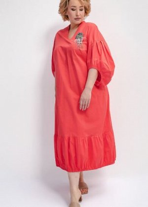 Коралловое платье из хлопка с воланами