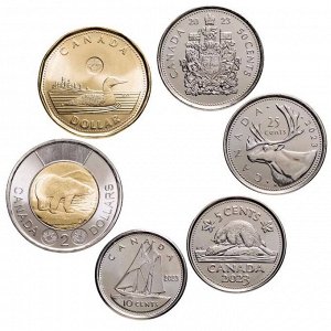 Канада 5, 10, 25, 50 центов, 1, 2 доллара 2023 Карл III, набор 6 монет