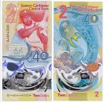 Восточные Карибы 2 доллара 2023 2024 40 лет центральному банку, Рыбы, Черепаха полимер пресс