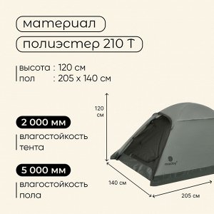 Палатка туристическая 2-местная maclay taganay 2, 205x140x120 см, трекинговая, двухслойная, зелёная