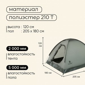 Палатка туристическая 3-местная maclay FISHT 3, 205x180x120 см, трекинговая, однослойная, зелёная