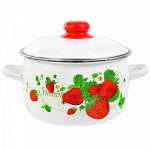 &quot;Клубничная&quot; Кастрюля эмалированная 3л, д20см, h12,5см, цилиндрическая форма, металлическая крышка с пластмассовой ручкой-кнопкой, ободок из нержавеющей стали, белый (Россия)