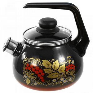 "Рябина" Чайник эмалированный 2л, д19см, h13см, со свистком, сферическая форма, металлическая крышка с пластмассовой ручкой кнопкой, пластмассовая фиксированная ручка, черный (Россия)