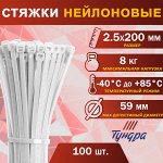 Хомут нейлоновый пластик ТУНДРА krep,  для стяжки, 2.5х200 мм, белый, в уп. 100 шт