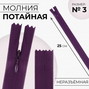 Молния потайная, №3, неразъёмная, потайная, замок автомат, 25 см, цвет баклажановый