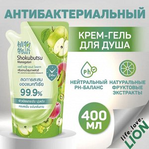 LION "Shokubutsu" Крем-гель для душа 400мл "Healthy Plus&Protect"  (мягк.упак)