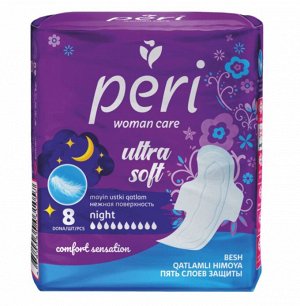 PERI Женские гигиенические прокладки "Ultra Night Soft" хлопок 8 шт
