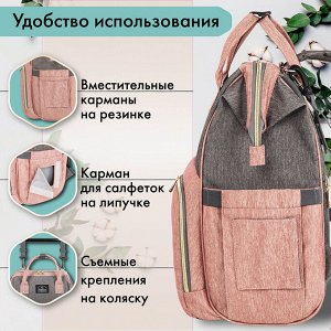 Рюкзак для мамы BRAUBERG MOMMY с ковриком, крепления на коляску, термокар,сер/роз.,40x26x17см,270821