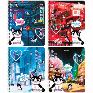 Тетрадь 80л, А5, КЛЕТКА, BRAUBERG гребень, клетка, обложка картон, Anime Cats (микс в спайке), 1 шт, 404415