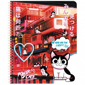 Тетрадь 80л, А5, КЛЕТКА, BRAUBERG гребень, клетка, обложка картон, Anime Cats (микс в спайке), 1 шт, 404415