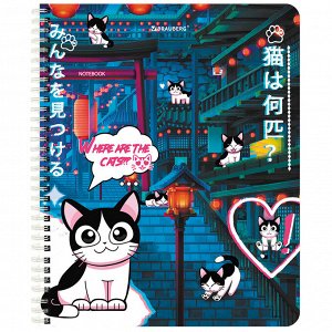 Тетрадь 80л, А5, КЛЕТКА, BRAUBERG гребень, клетка, обложка картон, Anime Cats (микс в спайке), 1 шт, 404415