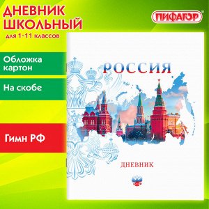 Дневник школьный 1-11 класс 40л, на скобе, ПИФАГОР, обложка картон, Российский, 106809