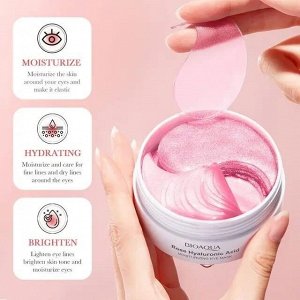 Патчи для кожи вокруг глаз BioAqua Rose Hyaluronic Acid. Экстракт Розы и Гиалуроновая Кислота. Экстракт Розы-Оживляет и освежает уставшую кожу. Гиалуроновая кислота- удерживает влагу. 80гр/60шт/30пар