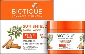 Biotique Bio Sandalwood 50+ SPF UVA/UVB Sunscreen Ultra Soothing Face Cream 50g/ Био Сандаловое Дерево Солнцезащитный и Успокаивающий Крем 50+ SPF для Лица, для Всех Типов Кожи 50 г