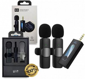 NEW ! Мини микрофон петличный для девайсов беспроводной Wireless Microphone AUX 3.5 Jack петличка c двумя микрофонами черный