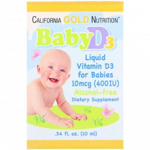 California Gold Nutrition, Витамин D3, детские капли, 10 мкг (400 МЕ), 0,34 ж.унц. (10 мл)