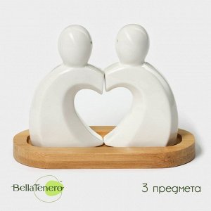 Набор для специй BellaTenero «Влюбленность», 2 предмета: солонка 40 мл, перечница 40 мл, на бамбуковой подставке, фарфор, белый