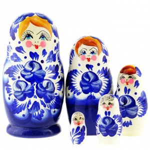 Ажна Матрешка деревянная авторская маленькая "Под Гжель" 5 мест 10,5 см