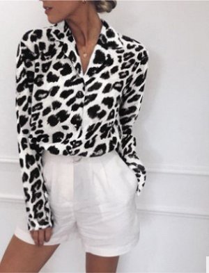 Леопардовая блузка с V вырезом и длинными рукавами