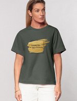 Футболка из премиального хлопка с принтом фольгой т.оливковый_fashion