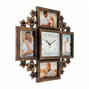 Фоторамка-коллаж на 4 фото 10x15 см с часами настенными бесшумными (14x14 см) «Цветы», 42x42 см